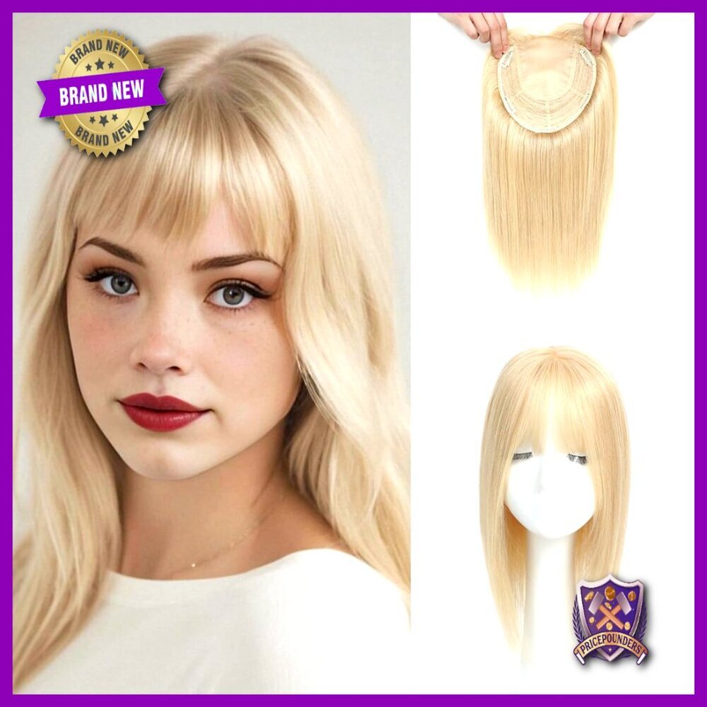 Real Human Hair Topper with Bangs 16inch Skin Scalp Big Base Cover Thinning Hair
